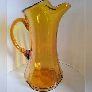 Vintage Hand Blown Amber Glass Picher With Applied Handle 9 1/2" Tall
